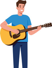 Obraz premium Young man playing acoustic guitar in casual blue outfit vector illustration 