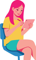 Young woman drawing on digital tablet with stylus pen sitting casual vector illustration 