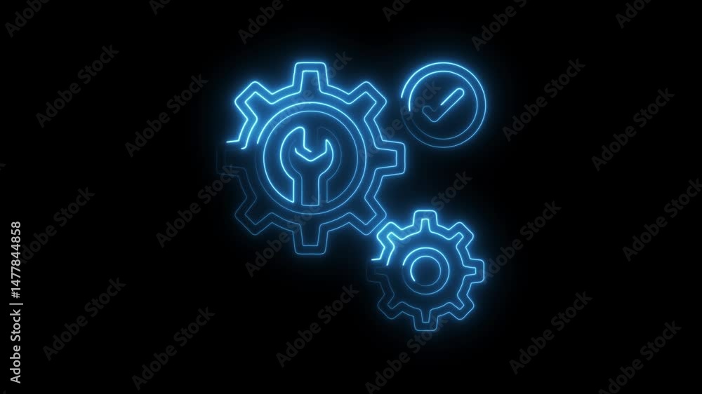 Poster neon gear animation on black background represents engineering workflow and system optimization