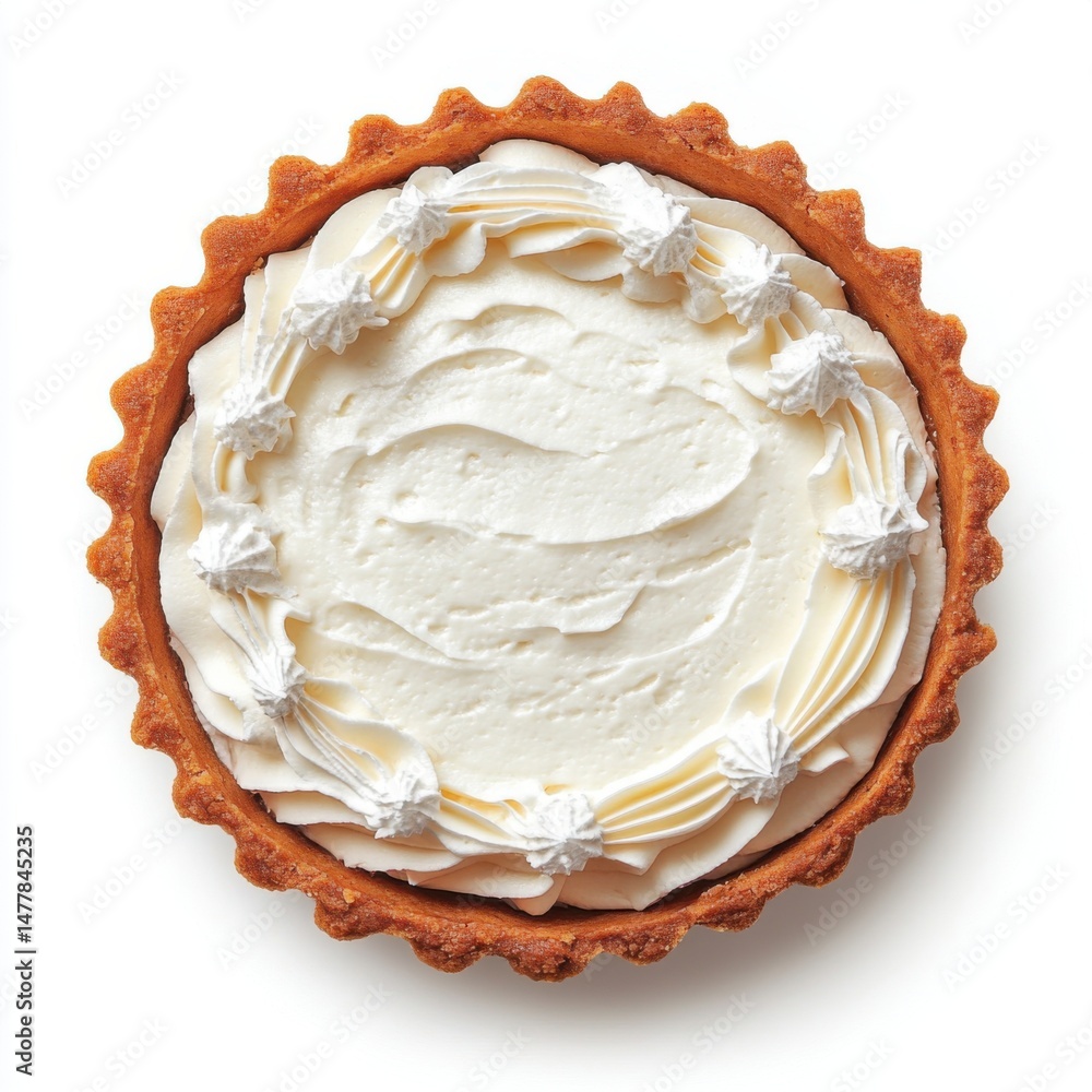 Poster overhead shot of a whole key lime pie with whipped cream topping on a white background in a studio s