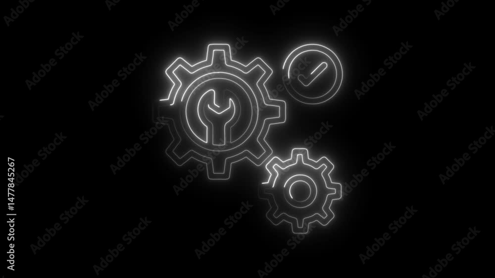 Poster neon gears with wrench and check mark animation on black background solution concept