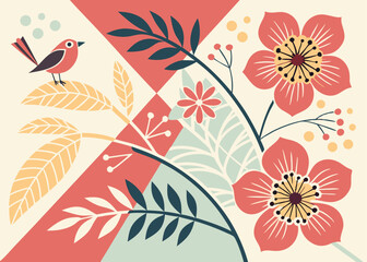 Geometric abstraction with a blend of angular and curved shapes in a spectrum of bright and soft tones