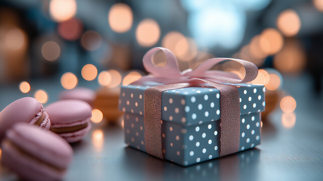 elegante Geschenkbox mit Punktmuster und Schleife vor unscharfem Lichterhintergrund.