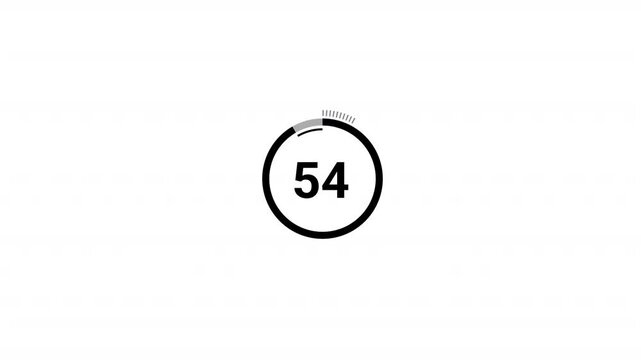 One minute countdown timer animation from 60 to 0 on a transparent background, 60 seconds countdown timer with alpha channel, 1 minute circle countdown.	