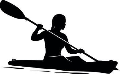 Kayaking silhouette of person paddling on water in black vector illustration  - obrazy, fototapety, plakaty