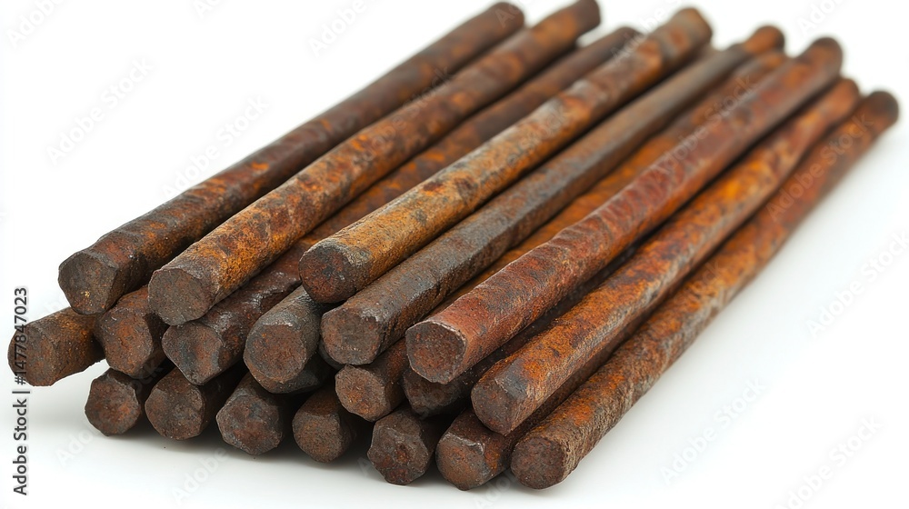 Poster stack of rusty metal rods. a collection of oxidized metal bars arranged in a compact stack, showcasi