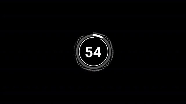 One minute countdown timer animation from 60 to 0 on a transparent background, 60 seconds countdown timer with alpha channel, 1 minute circle countdown.	