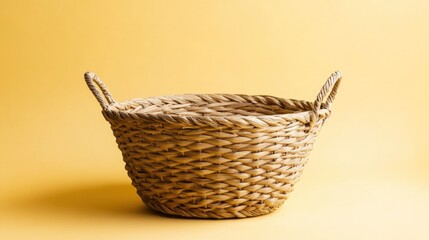 Obraz premium Empty woven basket on yellow background (1)