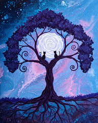 Abstract Tree with Cats in Love and Rose Moon Against Starry Fluid Art Sky - Dreamy Night Scene
