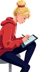 Young woman wearing red hoodie drawing on tablet digital art vector illustration 