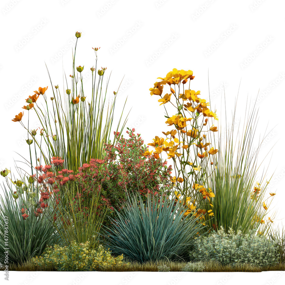 Poster 3d render grass bushes with flowers, cut out on transparent background isolated on transparent or wh