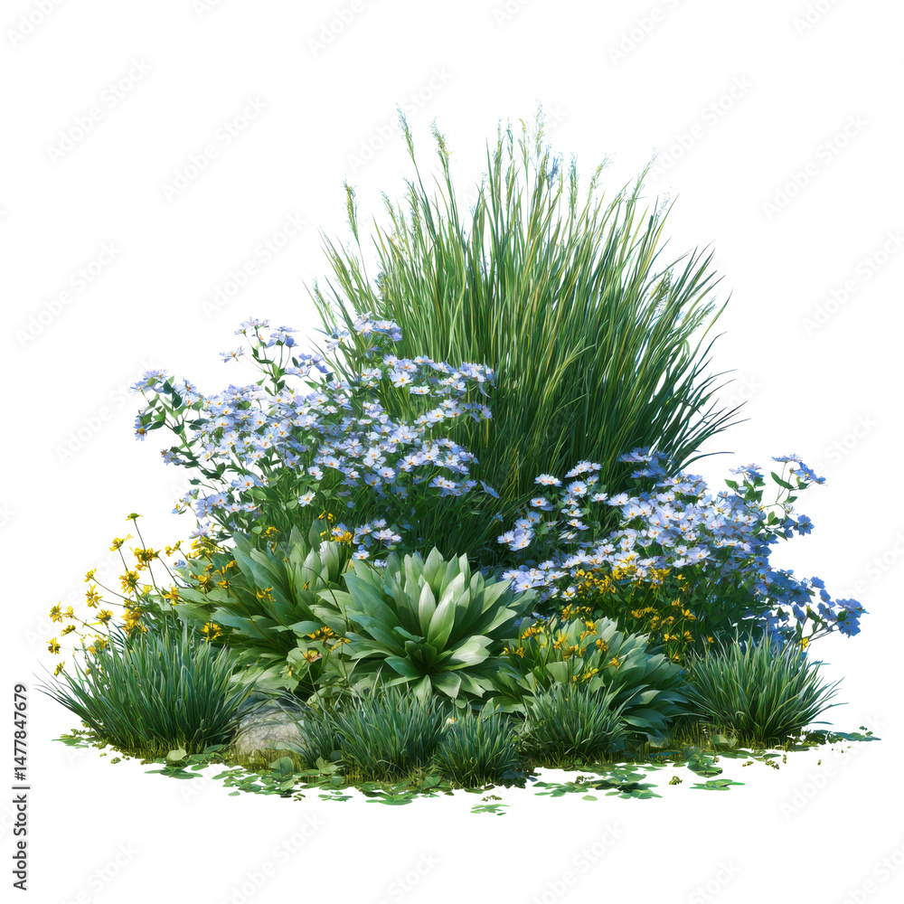 Poster 3d render grass bushes with flowers, cut out on transparent background isolated on transparent or wh