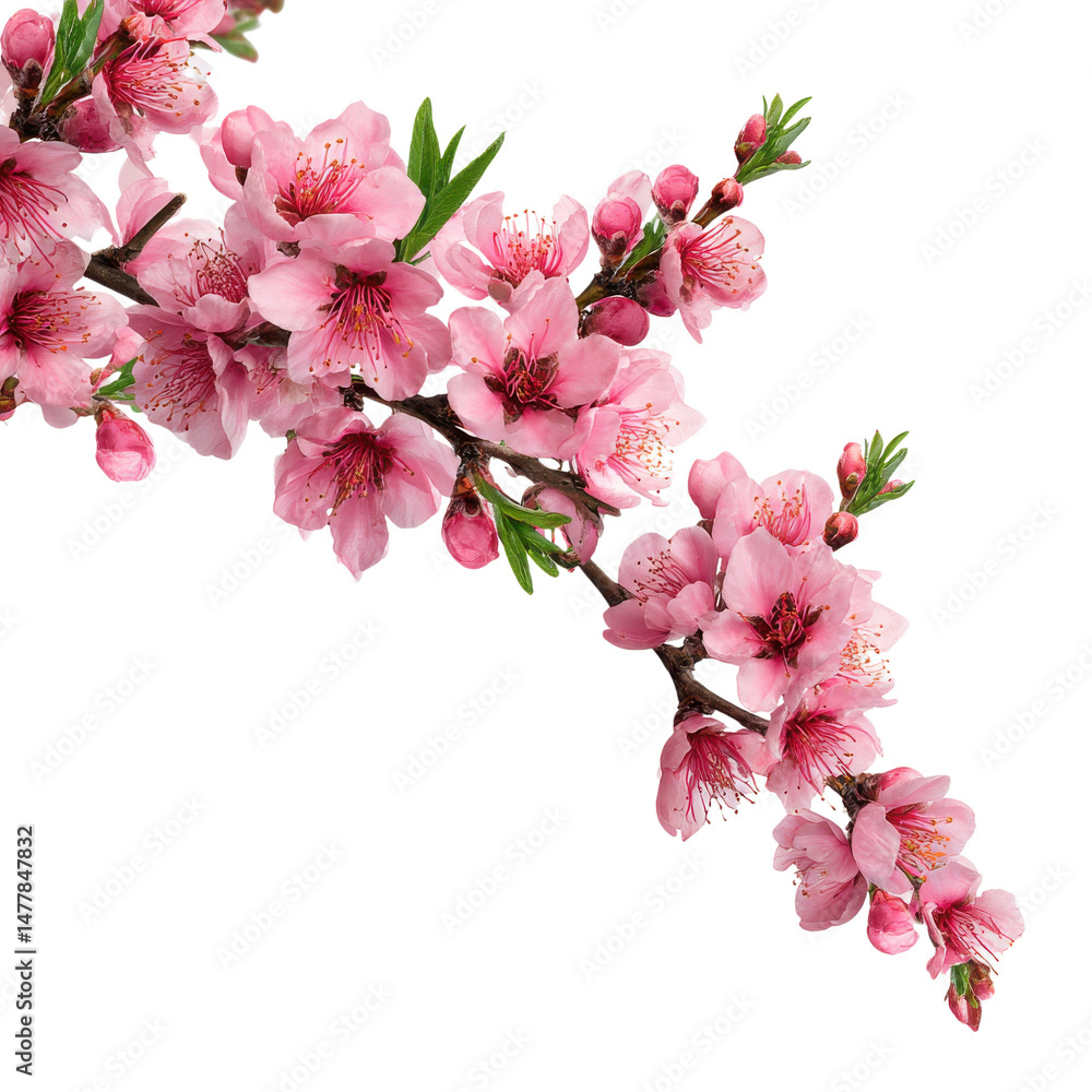 Poster peach tree branch with many pink flower on corner border, blossom branch isolated on transparent or 