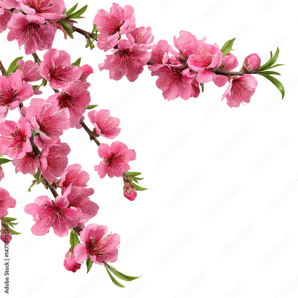 Poster peach tree branch with many pink flower on corner border, blossom branch isolated on transparent or 
