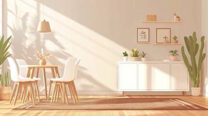 Pouf and brown rug near white cupboard in natural dining room interior with white chairs, plants and wooden shelves illustration , no logos, no brands