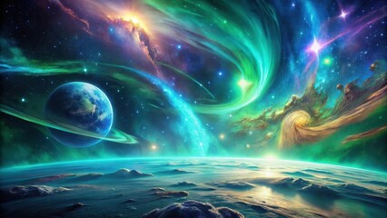 Obraz premium A Celestial Panorama Vibrant Nebulae, Glowing Aurorae, and a Ringed Planet Over a Frosty Landscape