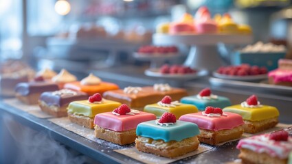Colorful petit fours cakes in patisserie showcase. glazed pastry topped with raspberry