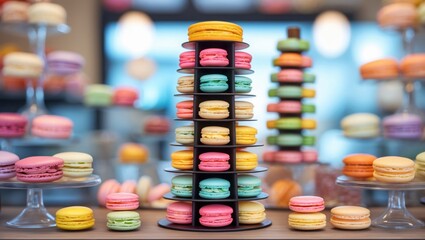 Colorful macarons tower on table. Macarons arrangement for party