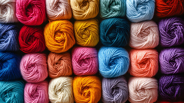 grupo de bolas de estambre acomodados en colores vivos y llamativos para creaciones artisticas de tejido de punto artesanales 
