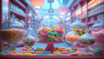 Fototapeta premium Colorful candy jars in sweet store. Various sugar candies on pink counter. Confectionery concept