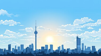 Obraz premium Flat cityscape with blue sky, white clouds and sun. Modern city skyline flat panoramic vector background. Urban city tower skyline illustration illustration , no logos, no brands