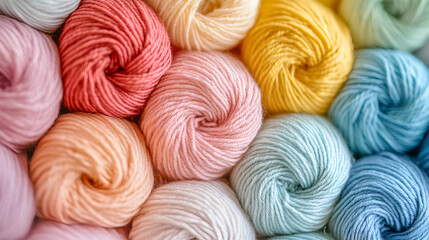 acercamiento de bolas de lana de hilo de estambre de colores claros en tonos pastel suministros para costura para tejer creaciones artesanales 