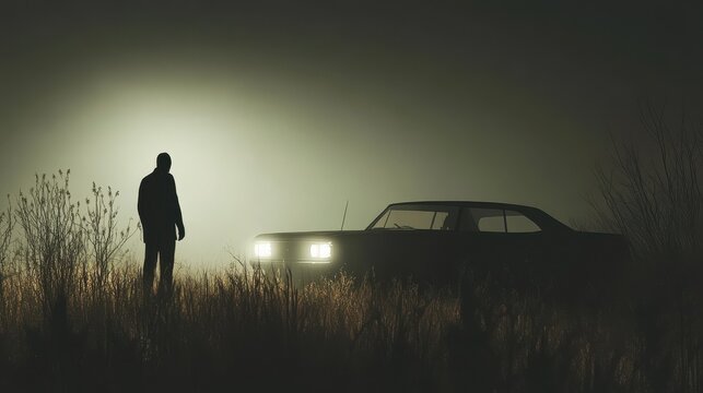 Foggy night scene with silhouetted figure standing near vintage car. A flashlight illuminate misty field and a moody, atmospheric setting suggests mystery or true crime scenario