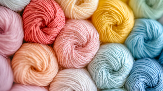 acercamiento de bolas de lana de hilo de estambre de colores claros en tonos pastel suministros para costura para tejer creaciones artesanales 