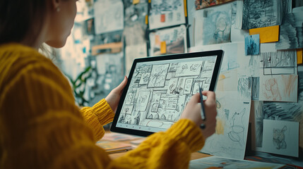 Artist Drawing Comic on Tablet. Female artist creating a black-and-white comic on a digital tablet in a creative studio space.