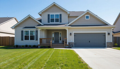 Modern two story beige house with gray garage door