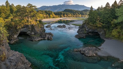 Beautiful river with a blue color and a rocky shore. The water is calm and clear. The sky is blue and the sun is shining