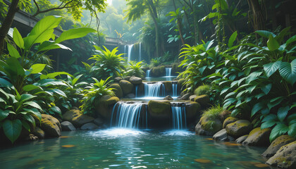 Serene waterfall in lush tropical garden paradise
