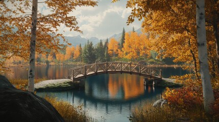 Autumn nature landscape. Lake bridge in fall forest. path way in gold woods. Romantic view image scene