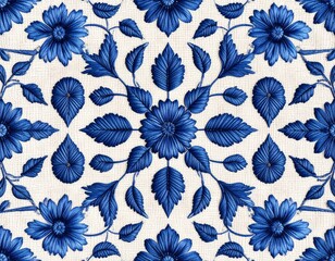 Intricate Blue Floral and Leaf Embroidery in Symmetrical Design.