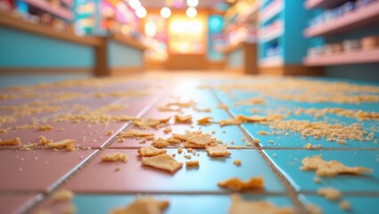 Crumbs on tile floor in candy store. Unhygienic situation. Yellow chips lies on blue and pink squares.