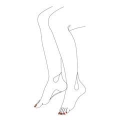 Silhouettes of human legs, feet in modern one line style. Red painted nails. Continuous line drawing, stickers, logo. Vector illustration.