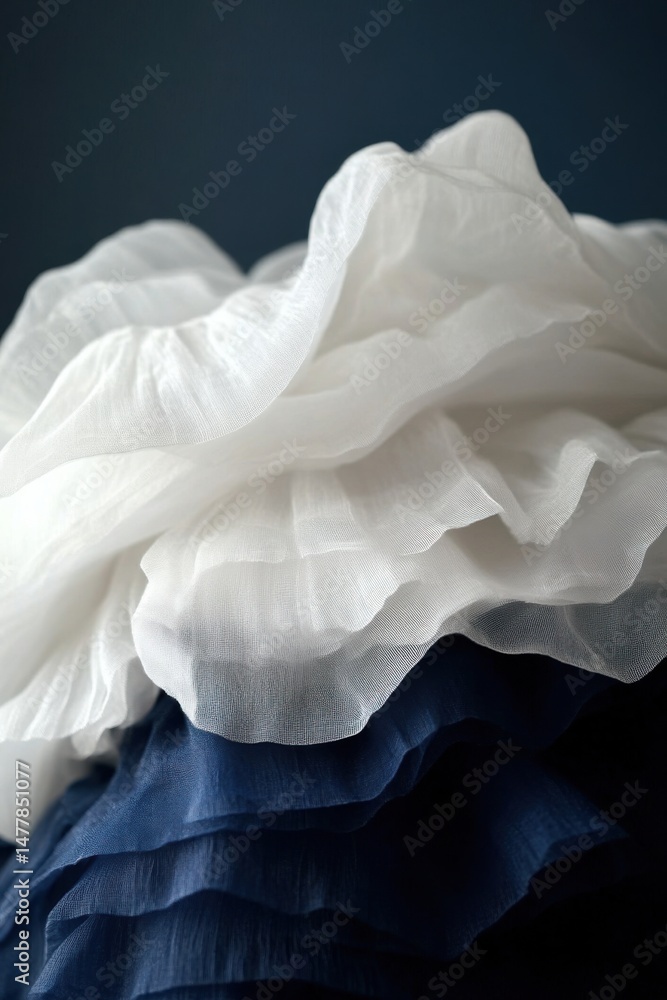 Poster close-up of delicate white and blue fabric layers in abstract composition with soft lighting and ele