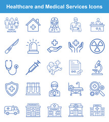 Healthcare and Medical Services Icon Set Family Medicine, Doctor, Pharmacy, Hospital Illustrations