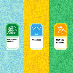 Mental Health Package Labels. Vector Thin Outline Psychology Linear Symbols. Wellness and Awareness Month Design. Therapy Line Art Packaging Background.