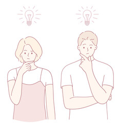 A couple thoughtfully ponders various ideas, symbolized by multiple bright lightbulbs above their heads
