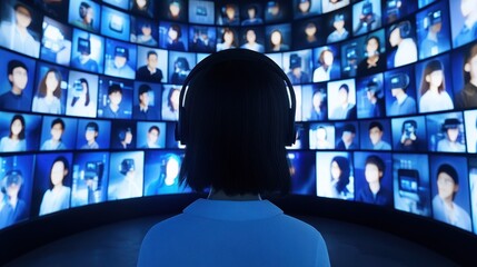 A virtual reality environment where users interact with AI-powered avatars representing support agents within a digital help desk space, offering immersive and efficient assistance.