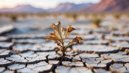 Dry plant on Cracked ground. Dried leaves sprout on arid land. Mountain range in blurred background