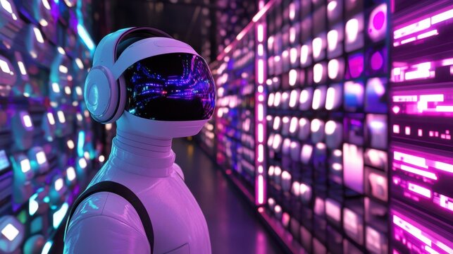 A virtual reality environment where users interact with AI-powered avatars representing support agents within a digital help desk space, offering immersive and efficient assistance.