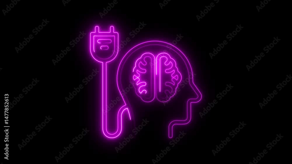 Poster neon glowing brain connects to power source for ai and artificial intelligence concept