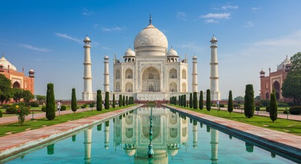 Taj Mahal Reflection: A Serene View - Majestic Taj Mahal mirrored in tranquil waters, surrounded by lush gardens under a vibrant blue sky. Symbolizing love, beauty, peace, serenity, and eternity