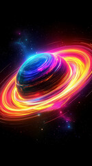 Obraz premium Colorful neon planet with glowing rings in outer space, surrounded by stars and cosmic light.