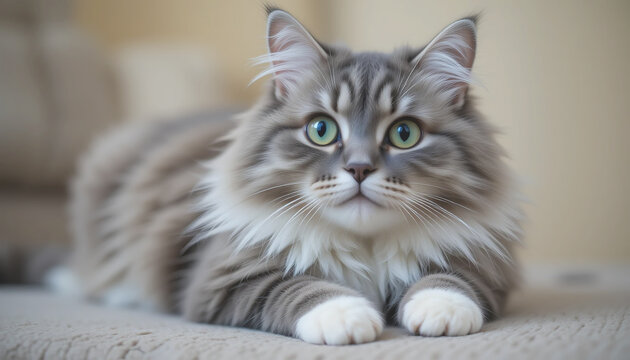 Adorable grey longhair cat with striking green eyes