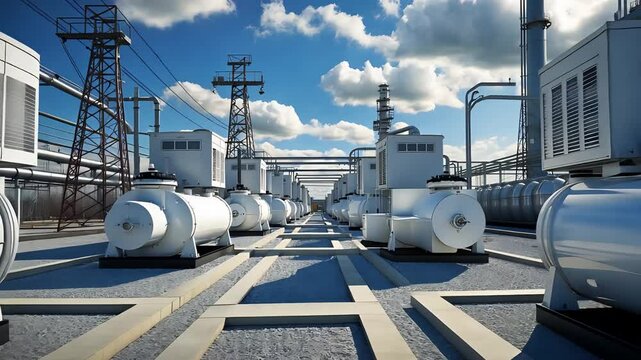 Industrial power station with rows of white electrical generators, steel pipes, and transmission towers under bright blue sky with clouds

