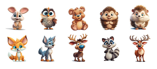 Adorable cartoon forest animals including bunny, owl, bear, hedgehog, fox, wolf, deer, and raccoon. Perfect for kids’ designs. vector set