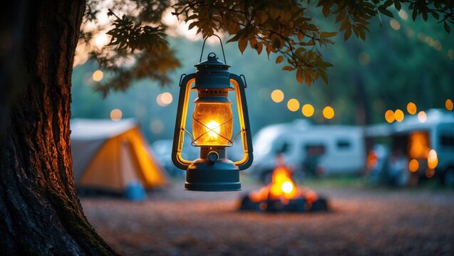 Glowing Lantern Hanging Tree Branch Camping Night. Orange light campfire tents recreation vehicles background